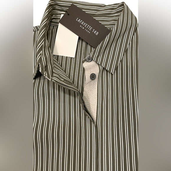 Lafayette 148 Green Striped Button Up Blouse - Picture 11 of 12
